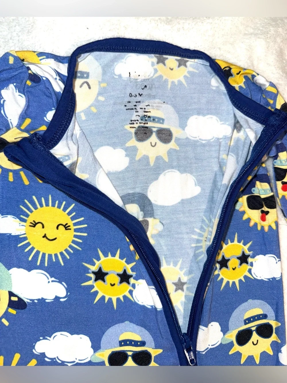Birdie Bean sunshine and clouds blue Bambi viscose zippy, size 0-3 mos
